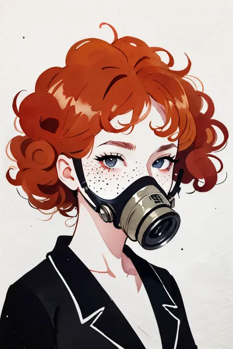 (masterpiece:1.2, best quality), 1girl, 18yo, curly ginger hair, freckles, wearing gas mask, noir, dark desolate, anime minimalist, watercolor