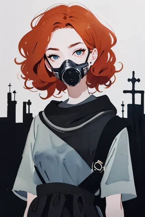 (masterpiece:1.2, best quality), 1girl, 18yo, curly ginger hair, freckles, wearing gas mask, noir, dark desolate, anime minimalist, watercolor