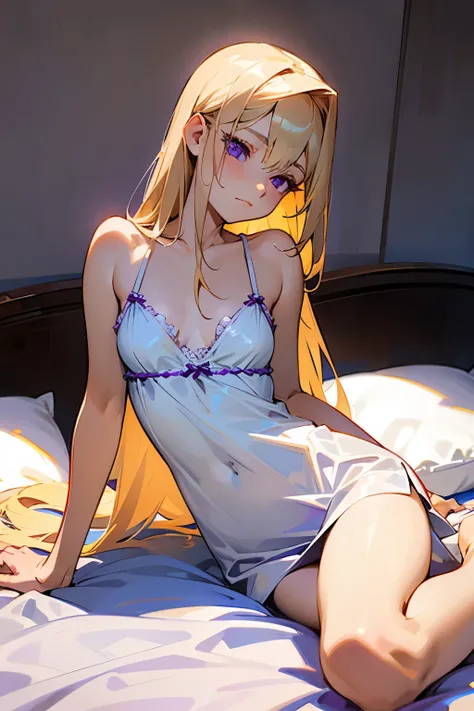 redraw, 1girl, short size, purple eyes, long blonde hair, small breasts, closed mouth, white sleepwear, masterpiece, ultra-detailed, bedroom