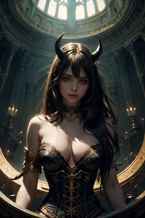 Beautiful painting of a perfect smiling female Succubus with small horns, a slender figure, large breasts, and shapeless, flowing long hair, adorned with an extremely baroque corset and lingerie that accentuates her sensual curves. (Upper body shot, arms c...