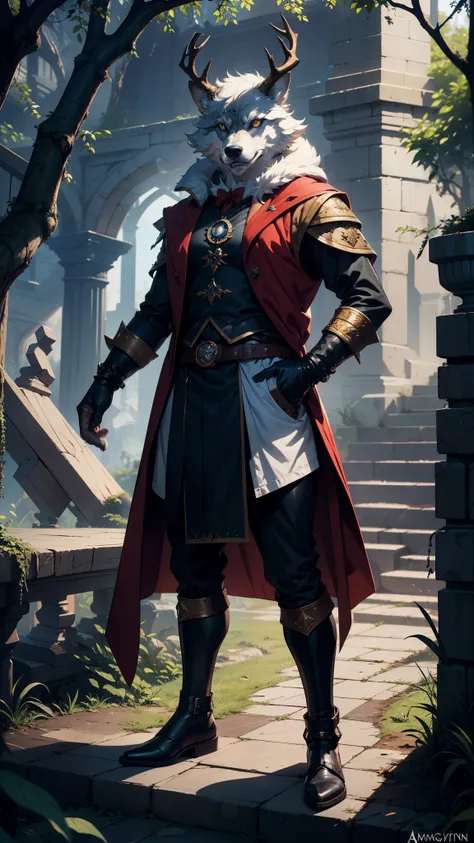 masterpiece, 1man, extremely detailed character, full body shot, best quality, dnd, dungeons and dragons, (wolf, anthro, horns, furry), (Warlock), deer horns, pointy ears, medieval era, fantasy clothes, anime style, (medieval dark wizard outfit)