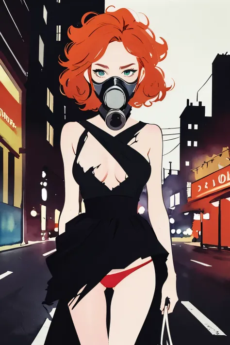 (masterpiece:1.2, best quality), 1girl, 18yo, curly ginger hair, freckles, wearing gas mask, torn black dress, red panties, noir, dark desolate city, anime minimalist, watercolor