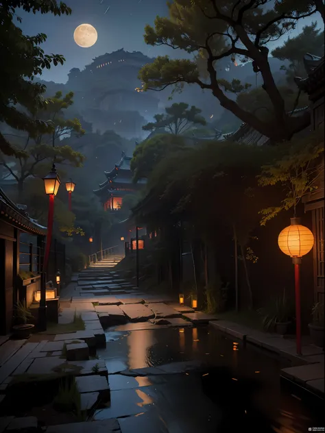 arte oficial, China antiga, Ruas Antigas, (Muitos vagalumes), (noite), (Lua), luzes, Beautiful landscapes, epic landscapes, Realistic luzes, obra de arte, alta qualidade, beautiful graphics, alto detalhe , global illumination, Unreal engine rendering, Octa...