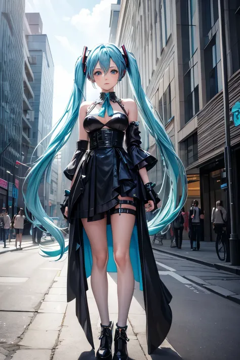 a girl, light blue hair, Hatsune Miku style hair, blue eyes, 20 years old, in berlin, modern city, accessories, sculptural body, best quality, masterpiece,gothic style clothing, medium breasts 