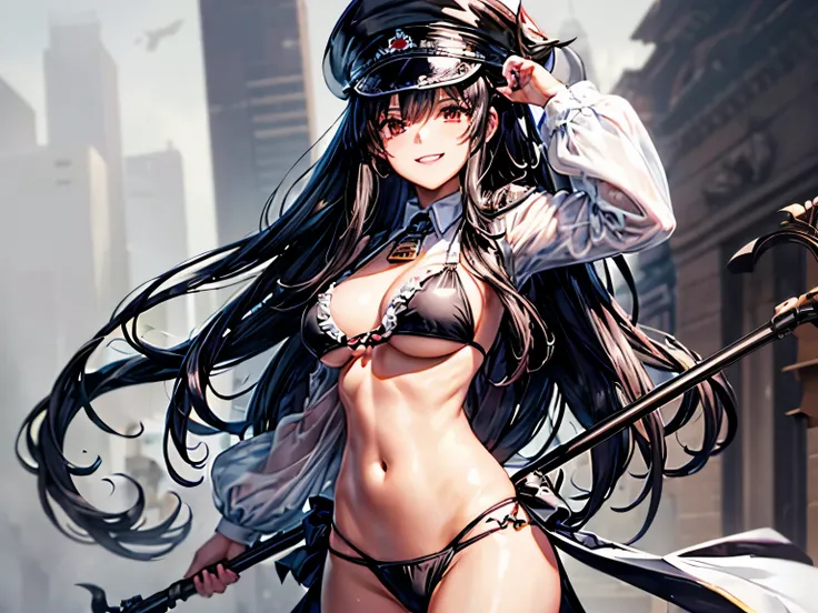 absurd resolution, high resolution, (Meisterwerk: 1.4), Hyper-Detail, Young girl&#39;s messy long black hair, Schwarzer Bikini, White cap, sweet, smiling, posing 