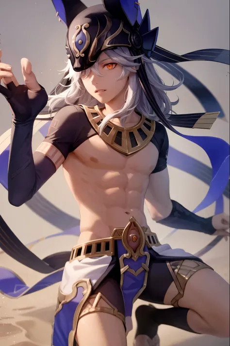 masterpiece, best quality,cyno (genshin impact), 1boy, dark-skinned male, male focus, dark skin, animal hat, jackal ears, solo, long hair, sand, hair over one eye, black headwear, hat,  (grey background:1.4),(kbxll:0.6)