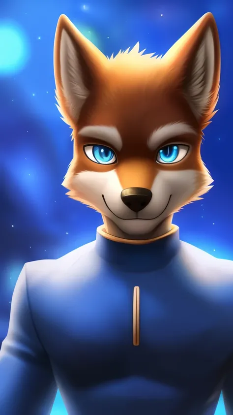 (red furred wolf), smiling, masterpiece, detailed body, detailed face, male, detailed eyes, thin, (megaman costume)