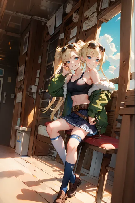 (2heads), zetadark, twintails, sunglasses, eyewear on head, fur trim, jacket, crop top, pleated skirt, thighhighs, belt, midriff, smug face, on the deck of a wooden airship flying, blue sky, clouds, masterpiece, illustration, official artwork, absurdres, h...