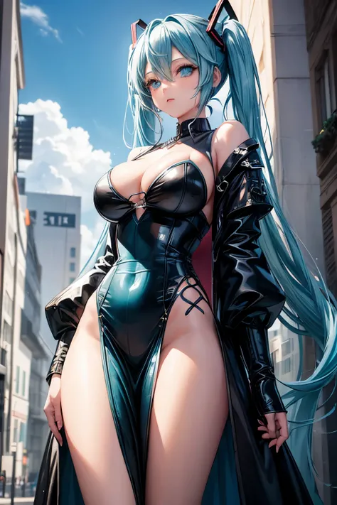 a girl, light blue hair, Hatsune Miku style hair, blue eyes, 20 years old, in berlin, modern city, accessories, sculptural body, best quality, masterpiece,gothic style clothing, big breasts, long vampire dress, anime style 