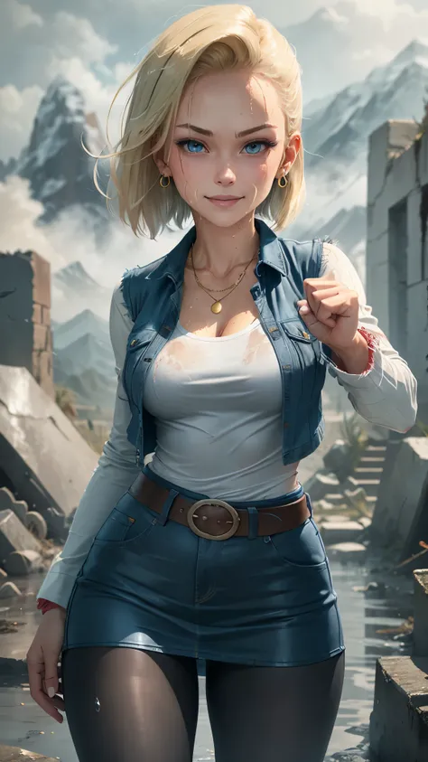 best quality, highres, and18, 1girl, android 18, solo, blonde hair, blue eyes, belt, tight blue demin skirt, gold_necklace, closed fists, black shirt, short hair, long sleeves, earrings, open vest, denim vest, medium breasts, cowboy shot, mountains, straig...