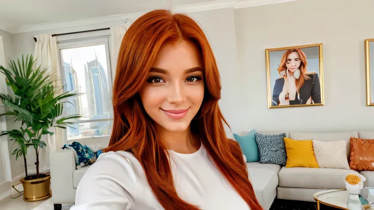 selfie ,of a cute happy, luxury ,rich girl, business woman ,in dubai,  redhead , brown honey eyes girl, American girl ;, in a bright living room , youtuber ambiance, influencer.
