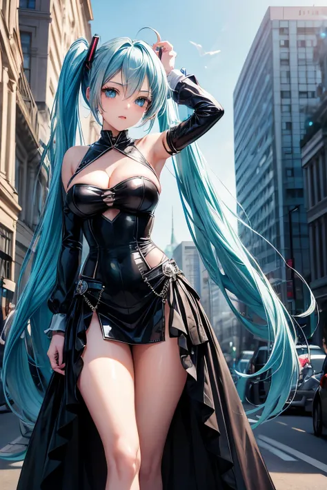 a girl, light blue hair, Hatsune Miku style hair, blue eyes, 20 years old, in berlin, modern city, accessories, sculptural body, best quality, masterpiece,gothic style clothing, big breasts, long vampire dress, anime style 