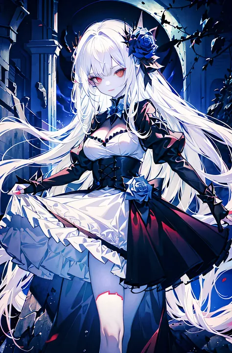 evil white haired maiden, chain sizing, sexy costume, red eyes, black gothic costume, red moon and blue roses, fantasy backgroun...