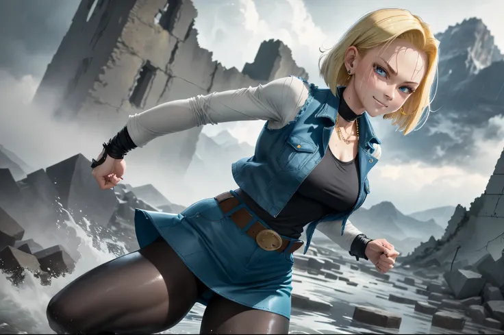 best quality, highres, and18, 1girl, android 18, solo, blonde hair, blue eyes, belt, tight blue demin skirt, gold_necklace, closed fists, black shirt, short hair, long sleeves, earrings, open vest, denim vest, medium breasts, cowboy shot, mountains, straig...