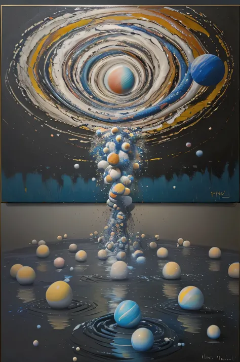 Abstract painting, Canvas space, filled with a whirlpool of balls, colored balls, reactive plane, stream, dream, Other worlds, Science fiction, avant-garde painting, oil on canvas, Horizontal Image