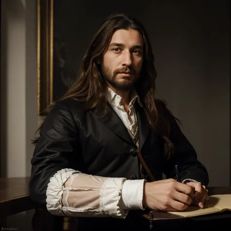 arafed portrait of a man with long hair and a beard, maurits cornelis, by Johann Ludwig Aberli, antoine pierre mongin, portrait of cyrano de bergerac, by Frederik de Moucheron, johannes vemeer, by Karel van Mander, inspired by Cornelis Verbeeck, by Egbert ...