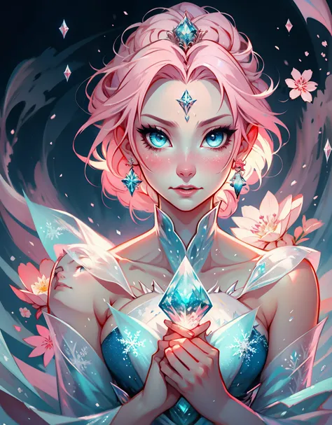 1 mulher, fantasiada de Elsa, strong emotions, sakura,pink hair,  cabelo curto, luz, foco, frozen, como elza de frozen , corpo inteiro, solo, magia ao seu redor. illustration! from head to toe, vestido azul,neve, 