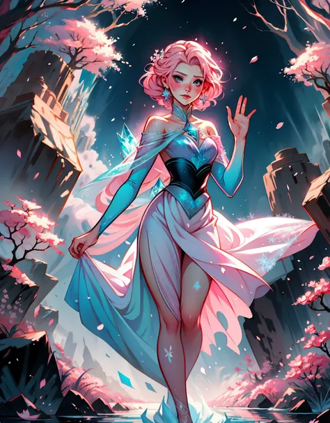 1 mulher, fantasiada de Elsa, strong emotions, sakura,pink hair,  cabelo curto, luz, foco, frozen, como elza de frozen , corpo inteiro, solo, magia ao seu redor. illustration! from head to toe, vestido azul,neve, 