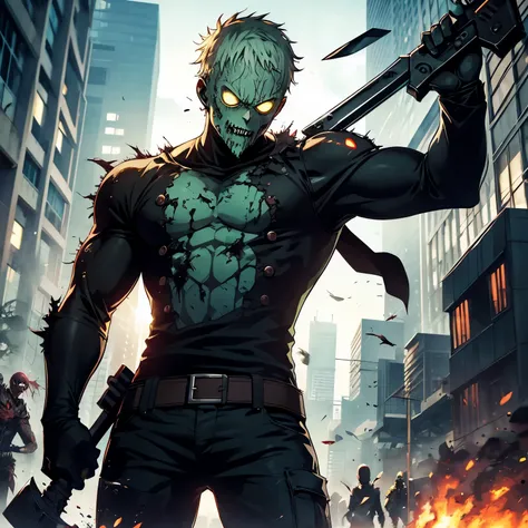 Zombie man from one punch man holding his axe and his gun