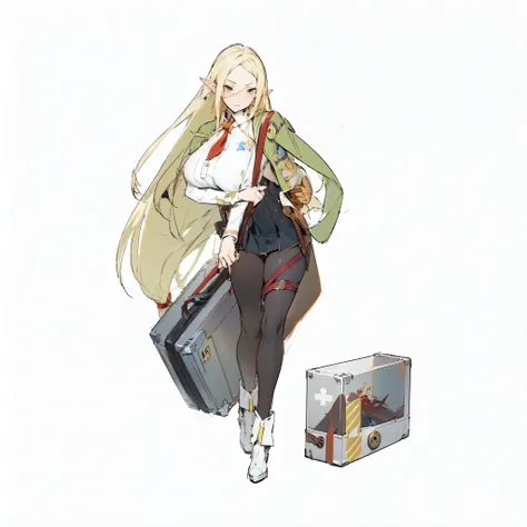 (((anime girl with long blonde hair and a suitcase))), ((elf ears)), gravity rush inspired, kantai collection style, inspired by Akihiko Yoshida, gravity rush, from girls frontline, girls frontline style, edelgard from fire emblem, blonde anime girl with l...