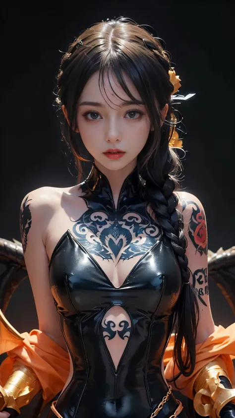 (8K:2), ultra HD, masterpiece, 1 dragon girl, good face, very long hair, detailed eyes, small Curved figure, (dragon outfit black:1.5), (bare shoulder:1), (tattoo:1.5), (straps:1.2), water, whole body capture, (upper body:1.5)