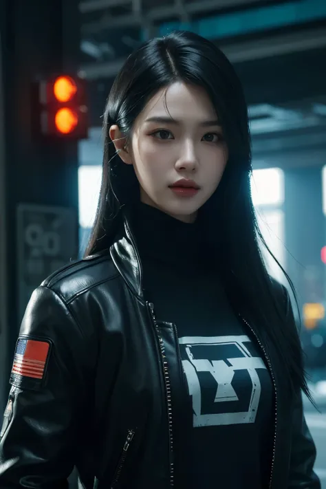 a woman, black hair, long hair, korean, cyberpunk, futuristic city, ((masterpiece)), ((best quality)), cyberpunk style, detroit become human style.