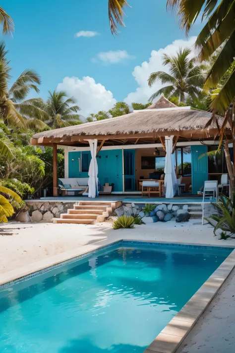 Photography of a beach front airbnb house with pool in Mexico, highly detailed, stunning architecture, white and blue colors blending harmoniously, palapa roofs, sun setting over the ocean, crystal clear pool, lush green foliage, sandy beach, sea waves cra...