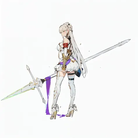 (((anime girl with long white hair and a spear))), (( white ballerina dress)), gravity rush inspired, kantai collection style, inspired by Akihiko Yoshida, gravity rush, from girls frontline, girls frontline style, edelgard from fire emblem, blonde anime g...