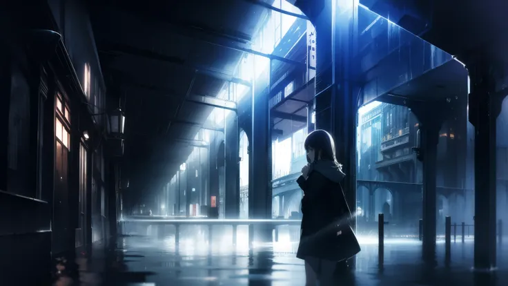 disorganized, High resolution,, (1 girl, alone), Big eyes,, cityscape,, (Water Effects, light effect, ),