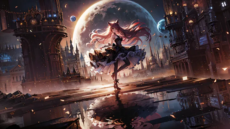 (high quality、8K、Ultra HD,dark fantasy)、Cat ears girl dancing on the moon、art animation style、Earth can be seen in the background。Mysterious、Perfect build、progressive house、by Jan J, Trending with Art Station Pixiv、digital painting、concept art、3D lighting、...