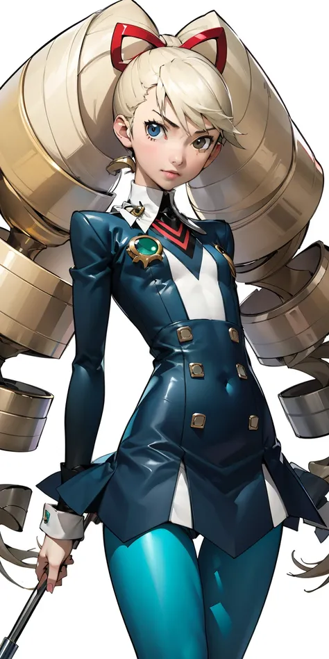 (Soejima Shigenori), masterpiece, best quality,1girl, adult Luna platz, mmplatz, twintails,twin drills,dress, blue pantyhose, pantyhose, Female, standing, straight, looking at viewer, with a collar around the neck