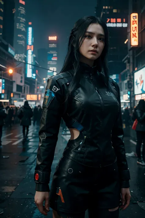 a woman, black hair, long hair, korean, cyberpunk, futuristic city, ((masterpiece)), ((best quality)), cyberpunk style, detroit become human style.