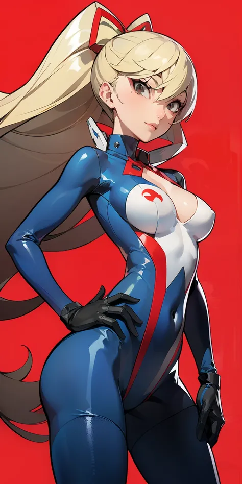 (Soejima Shigenori), masterpiece, best quality,1girl, adult roll.exe, (large breasts), mmrollexe, long hAIR,ribbon on hair,bodysuit, pantyhose, helmet, Female, standing, straight, looking at viewer, with a collar around the neck, gloves