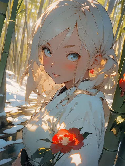 (masterpiece), best quality, beautiful woman, expressive eyes, perfect face, 1 woman, bust shot, japanese bamboo grove, snowy, red camellia flower, japanese painting, (first person point of view:1.3), anime, seductive, adult