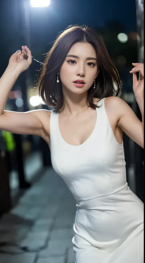 ((Realistic lighting, Best quality, 8K, Masterpiece: 1.3)), Focus: 1.2, 1girl, Perfect Figure: 1.4, Slim Abs: 1.1, ((Dark brown hair)), (White dress: 1.4), (Outdoor, Night: 1.1), City streets, Super fine face, Fine eyes, Double eyelids,