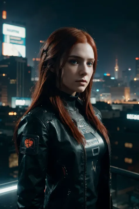 a woman, red hair, long hair, cyberpunk, futuristic city, ((masterpiece)), ((best quality)), cyberpunk style, detroit become human style.