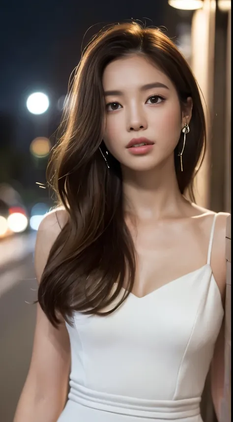 ((Realistic lighting, Best quality, 8K, Masterpiece: 1.3)), Focus: 1.2, 1girl, Perfect Figure: 1.4, Slim Abs: 1.1, ((Dark brown hair)), (White dress: 1.4), (Outdoor, Night: 1.1), City streets, Super fine face, Fine eyes, Double eyelids,