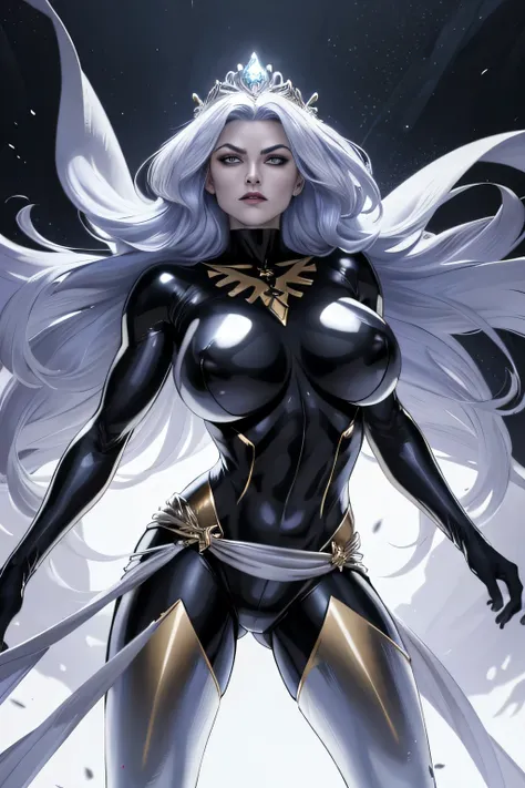 a futuristic and imposing Queen, known as the Paradox Queen. She dons a mesmerizing metallic silver suit that glows with pulsating light. The chrome accents on her suit reflect her connection to temporal energy, adding an aura of mystique. Her fluttering c...