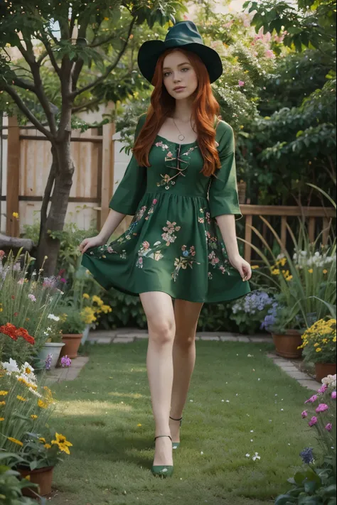 a pretty redhead girl, with a green dress with flower print, full body character design, acrylic painting, witch, garden background