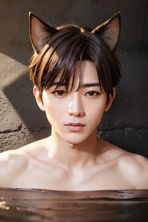 1 person、high quality，masterpiece，8K, (side head shot)　、short brown hair、wet hair、rock、hot spring、inside the cave、darkness、Shadow、Shadow、darknessで光る赤い目、(dog ears)