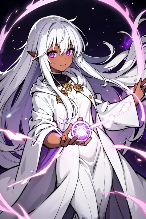 happy, Flowing white hair, glowing purple eyes, white mage robes, dark skin, glowing, wholesome person