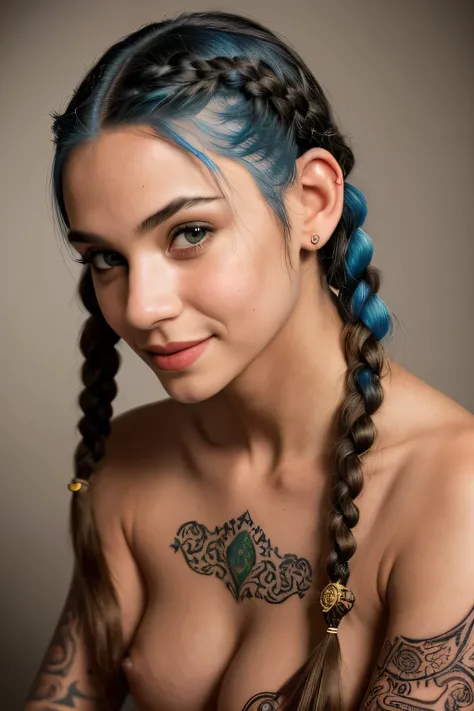 Lots of definition, Super focus, Cinematic half-length portrait of a young alternative woman with blue hair in braids, Gran culo, pechos grandes, pechos medianos, sonrisa sexy, luz principal, iluminar desde el fondo, natural lighting, Photo 400 Grain ISO 3...