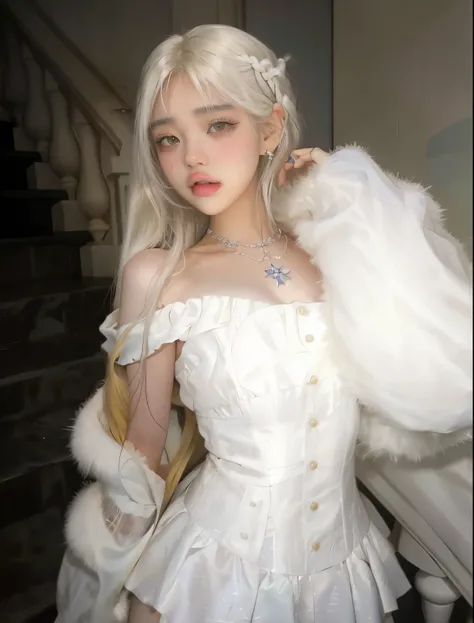 un primer plano de una mujer con un vestido blanco y un abrigo de piel, Lalisa Manobal, Lalisa Manoban de Blackpink, pelo largo y blanco y flequillo, parque roseanne de blackpink, con el pelo largo y blanco, con pelo largo y blanco, bella delfina, ulzzang,...