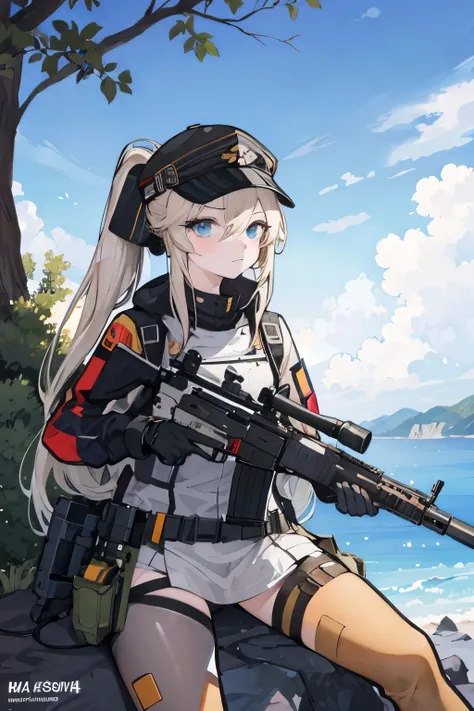 anime girl with gun and hat sitting on a rock, mechanized soldier girl, soldier girl, m4 sopmod ii girls frontline, with rifle, from girls frontline, clean lineart and color, vector shaded anime, of a sniper girl in war, cel - shaded art style, infantry gi...