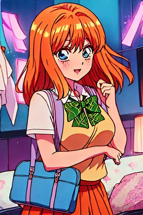 Vintage anime girl, 90s anime style, old animes, noise, chromatic aberration, good quality, old anime, naoko takeuchi style, vintage anime, sparkling big eyes,  sfw, pretty teenage girl with orange shoulder length hair, heart shaped lips and blue eyes maki...