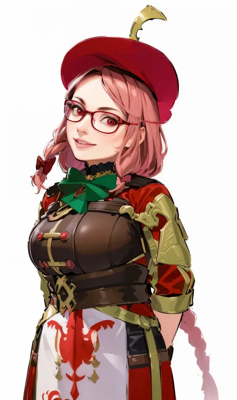 (best quality,4k,8k,highres,masterpiece:1.2),ultra-detailed,(realistic,photorealistic,photo-realistic:1.37),bright lighting,red eyes,red glasses,witch,woman in her 30s,red hat,braided hair,pink hair,colorful palette,illustration style,leatherbreastplate,go...