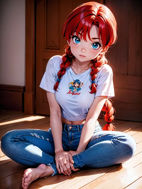 Garota anime ruiva com bermuda jeans azul e blusa purple roxa, 16 anos, agachada, sentada com pernas cruzadas, corpo bonito, seios grandes, with your hands behind your head, running your hands through your hair, garota sexy, red hair with braid, gorgeous l...