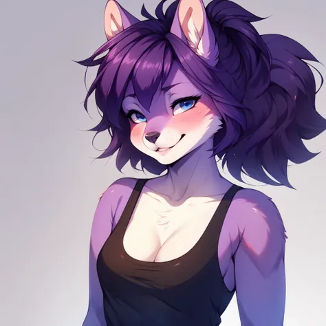 Solo, by fumiko, by hyattlen, by hioshiru,  Kaori, blue eyes, black nose, purple squirrel girl, short purple hair, ponytail, purple furry body,  wearing black tank top, portrait, close up, squinting:2, ((looking away)):1.3, blushing profusely, head tilted,...