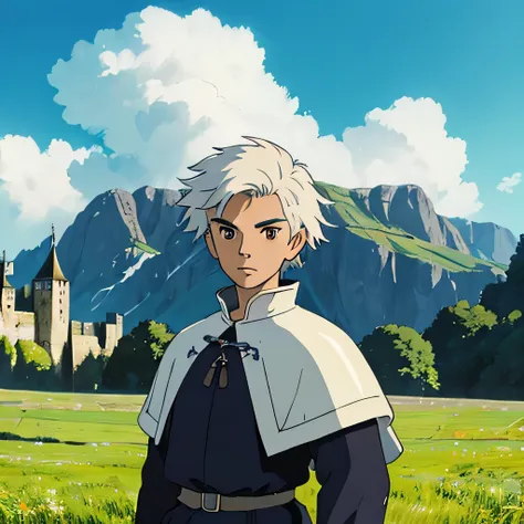 Man, Boy, Teen, spiky white hair, black eye, white skin, MEDIEVAL CLOTHING, STUDIO GHIBLI STYLE, PORTRAIT, PORTRAIT, MEADOW BACKGROUND WITH CASTLE IN BACKGROUND