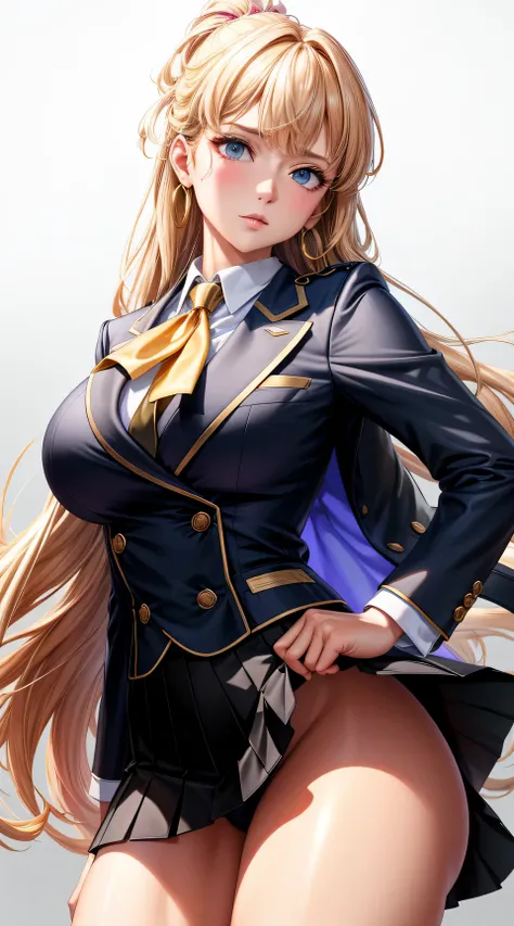 (best quality:1.5, highres, UHD, 4K, detailed lighting, shaders), gold floral haired, gradient hair, large breasts, suit, school shirt, school short skirt, mature woman , (pov), white background, colorful eyeshadow, dramatic lighting, sparkling eyes, sensu...